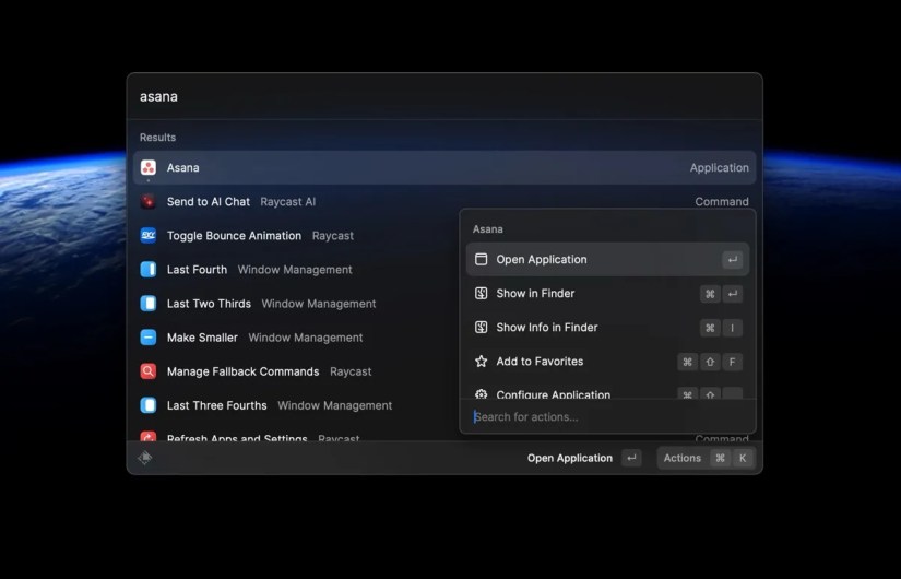 Raycast’s search feature and its action menu