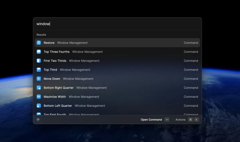 The Raycast menu showing its window management feature