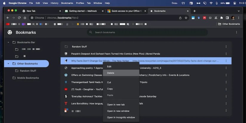 the bookmark management interface on Google Chrome