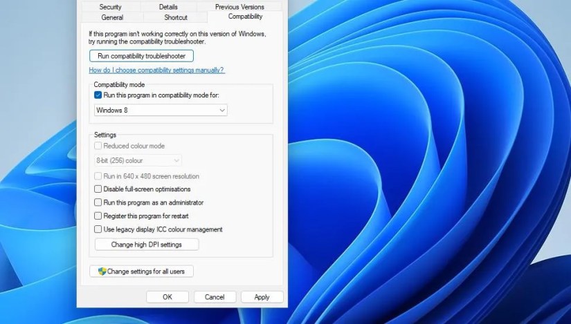 The Run this program in compatibility mode for option