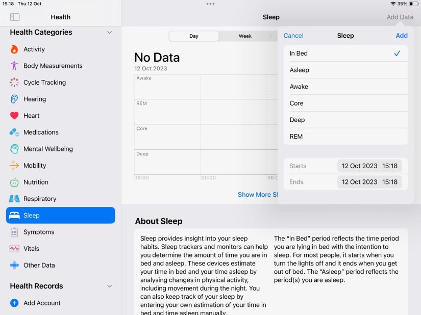 Screenshot of iPadOS Health app Add Sleep data