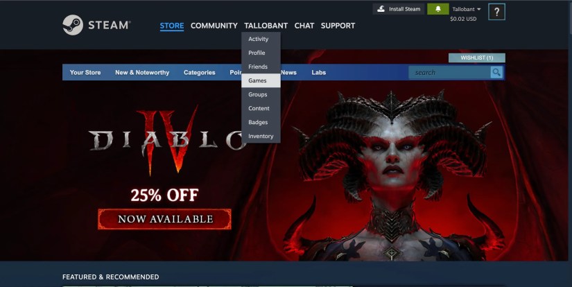 User menu on the Steam website with Games highlighted