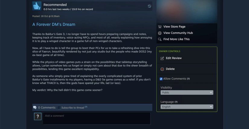 Viewing Baldur’s Gate 3 review on Steam