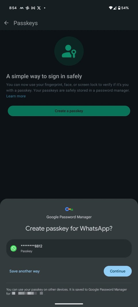 Creating and storing WhatsApp passkey in Google password manager