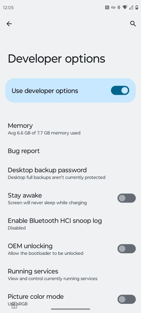 The first set of developer options on an Android phone.