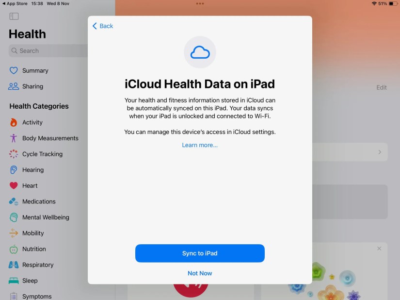 Apple Health iPadOS app showing iCloud Health Data Sync options