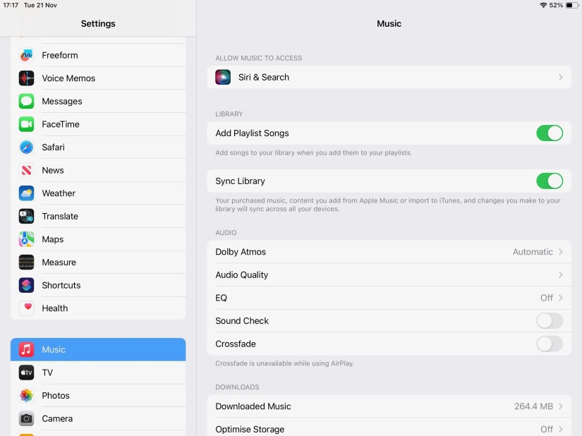 Apple Settings showing Music Options