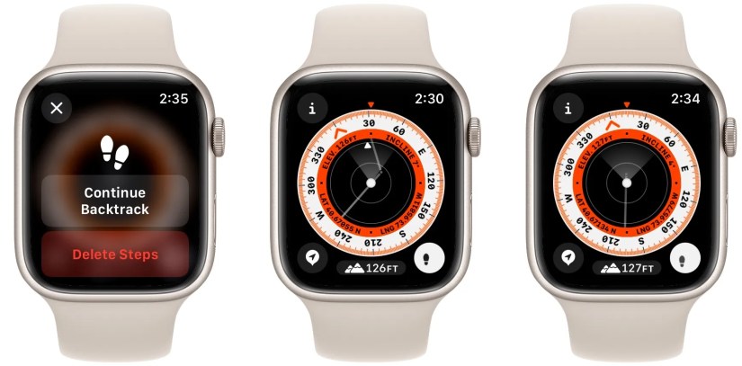 apple watch compass app showing Backtrack pause menu, progress, and finish