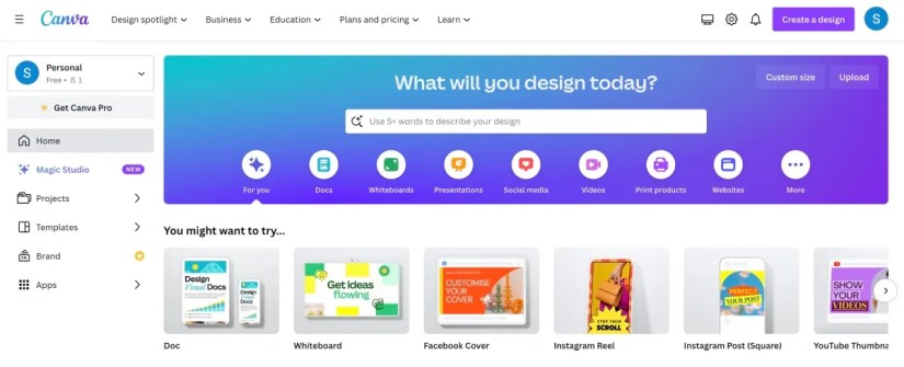 Canva’s main page web browser