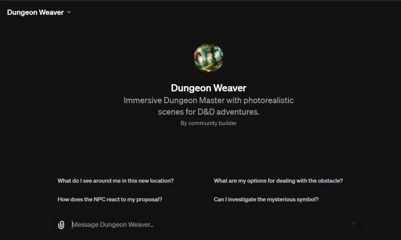 Custom ChatGPT game called Dungeon weaver