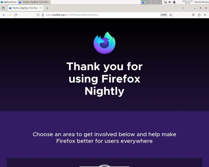 Firefox nightly firstrun page