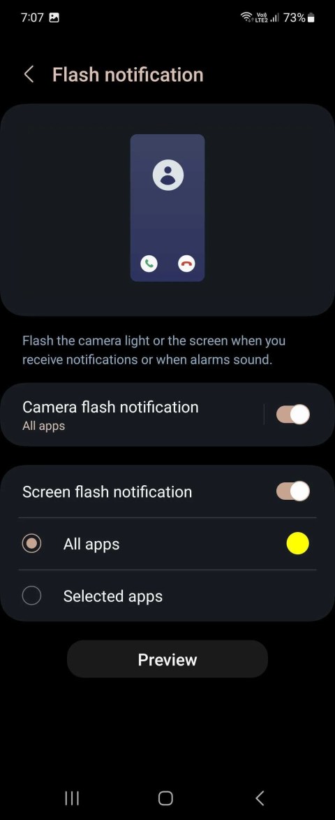 Flash notification settings on a Samsung