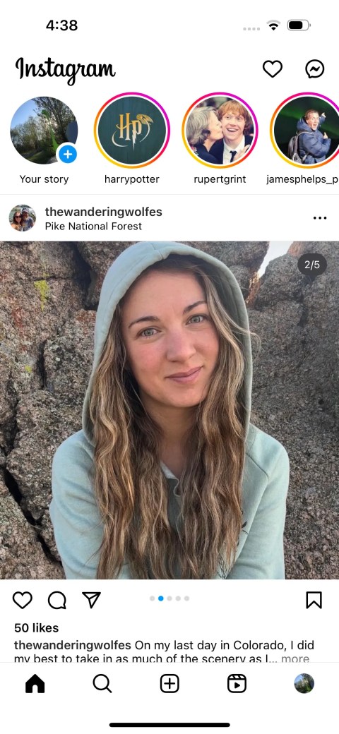 Front page of an Instagram account with the first post on the feed being a girl wearing a hoodie