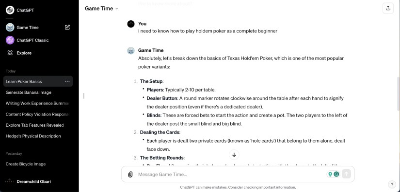 Game Time on ChatGPT explaining Holdem Poker