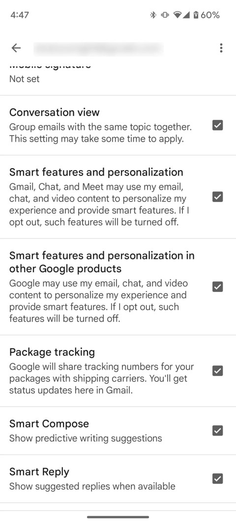 Selecting Smart features and personalization in the Settings page of Gmail