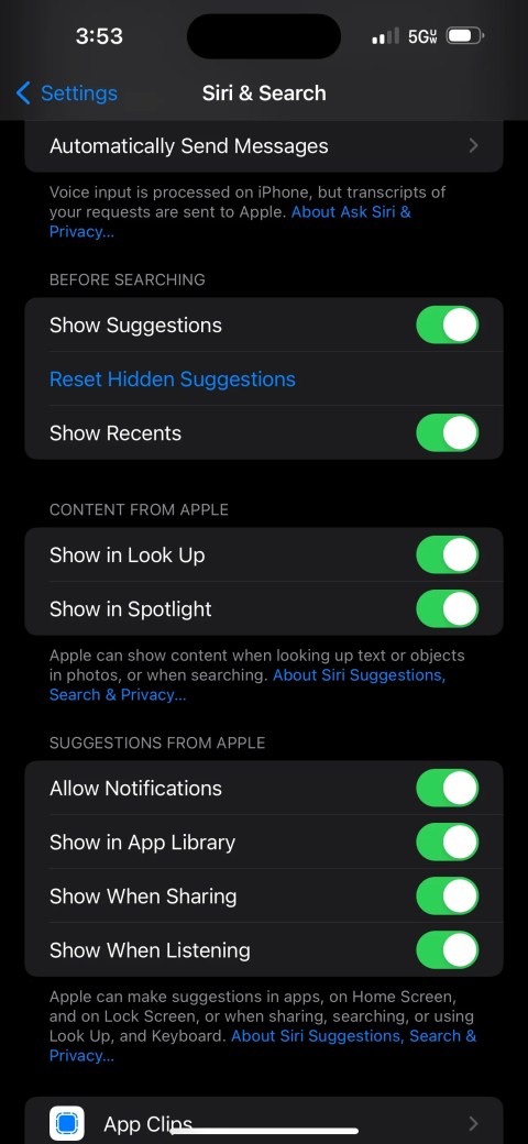 Siri search settings with suggestions on