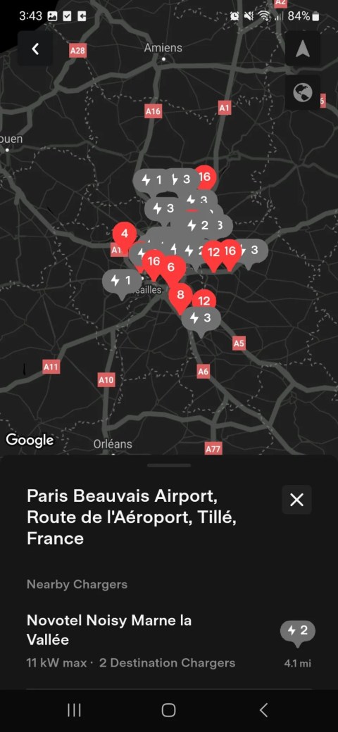 Map of Tesla superchargers within the Tesla mobile app