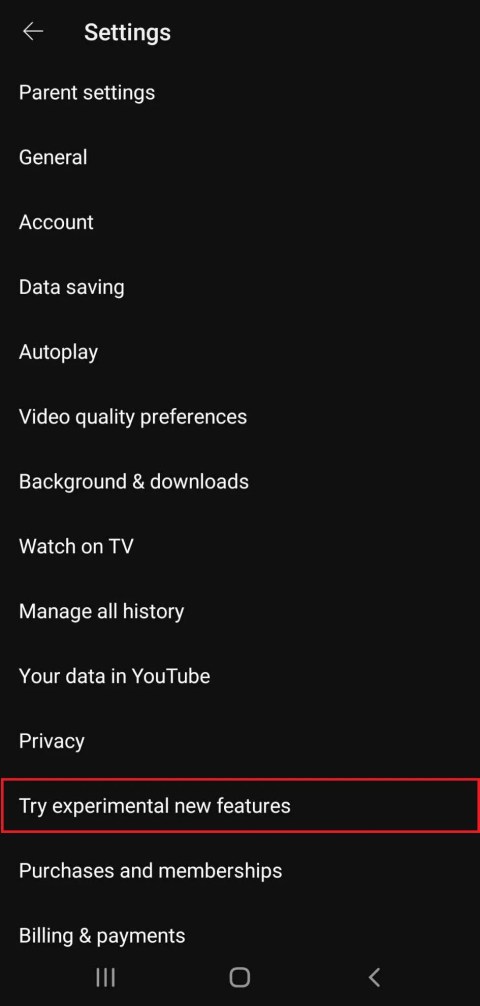 YouTube Settings menu with experimental features option