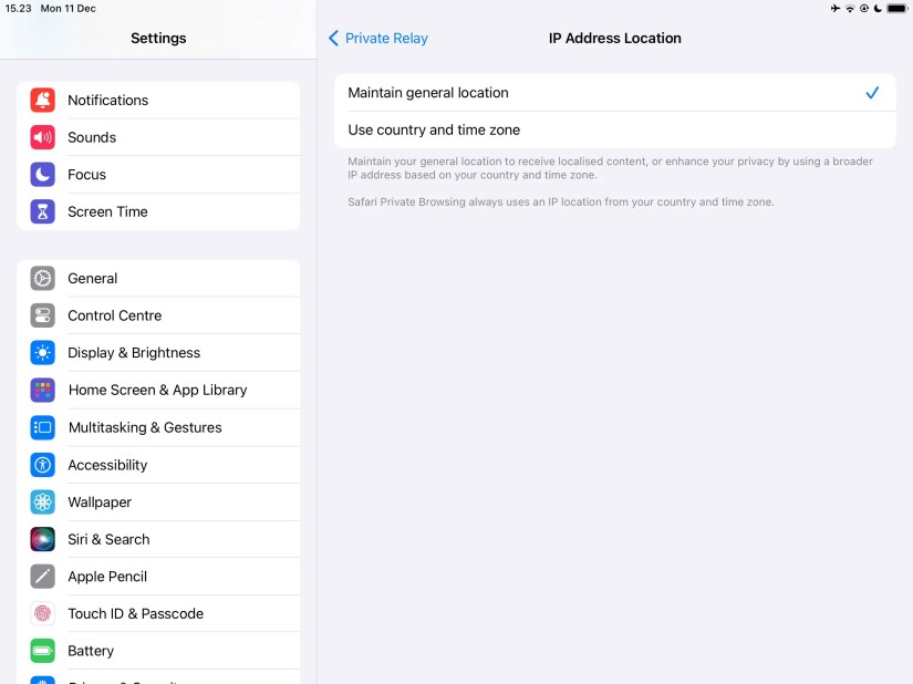 Image showing iCloud Private Relay location settings