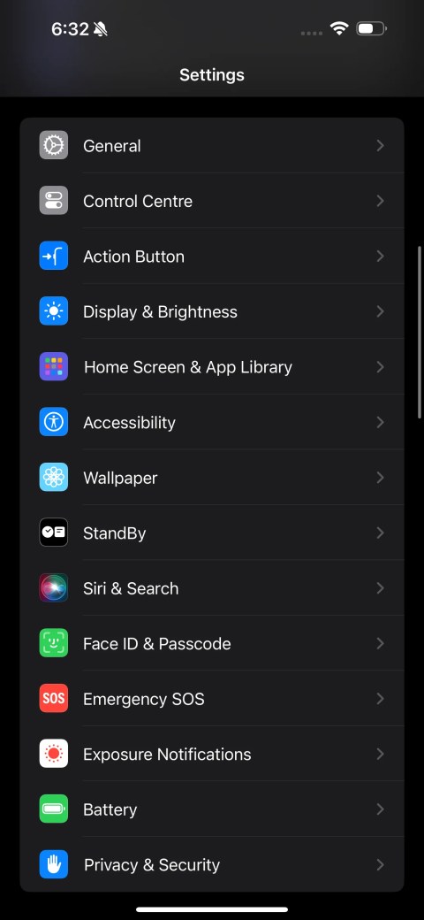 iPhone settings app page
