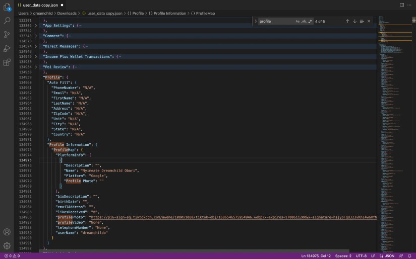 Scrubbing data from TikTok data JSON file