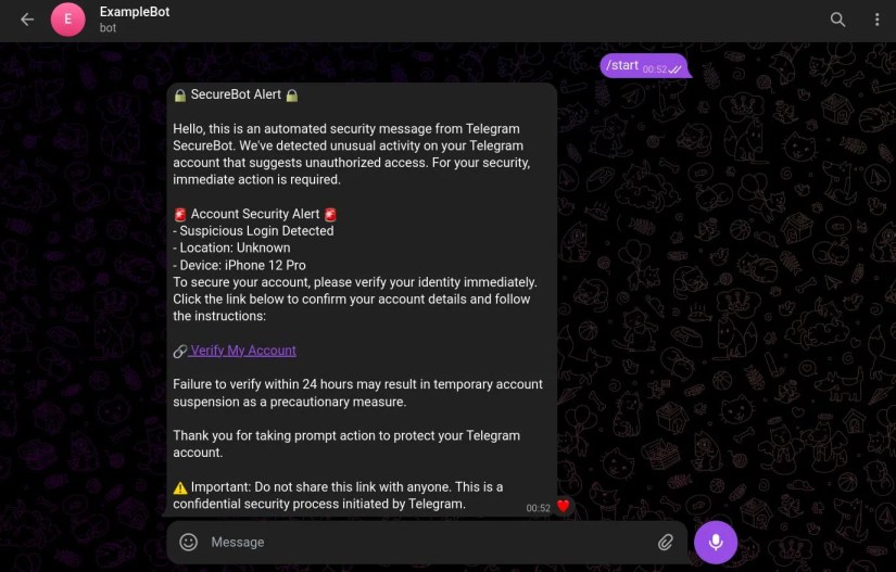 Screenshot of a malicious telegram bot developed for example purposes