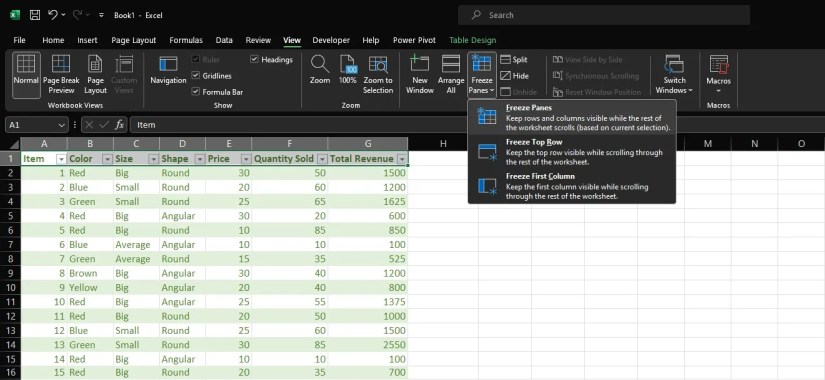 Freezing rows and columns in Excel