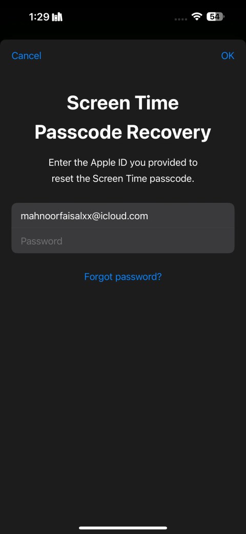 iPhone screen displaying Screen Time Passcode Recovery page