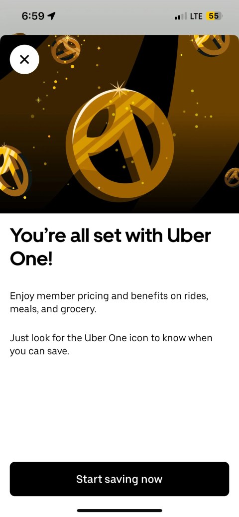 Uber app confirming Uber One subscription