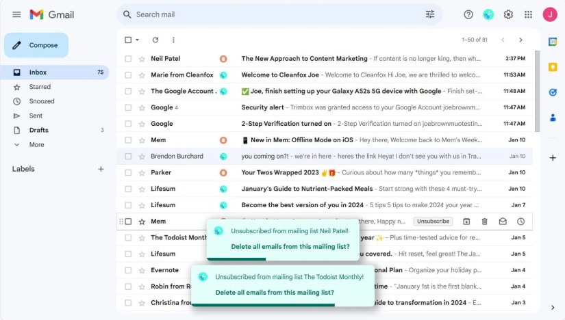 Trimbox Unsubscribe and Delete Options in Gmail Inbox