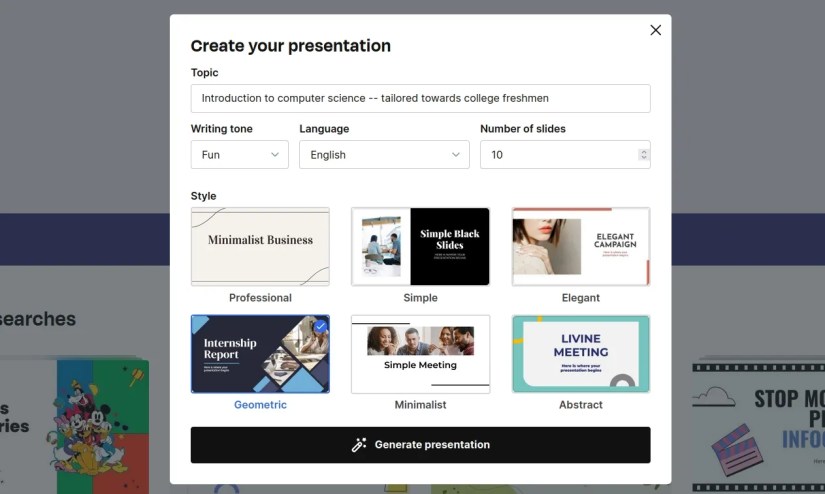 generating a new presentation with slidesgo ai presentation maker