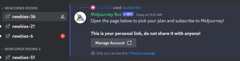 Midjourney bot post displaying the subscribe dialog