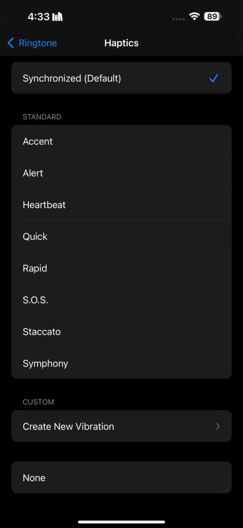 Ringtone Haptics settings on an iPhone