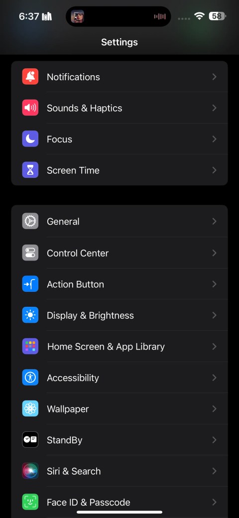 Settings app on an iPhone