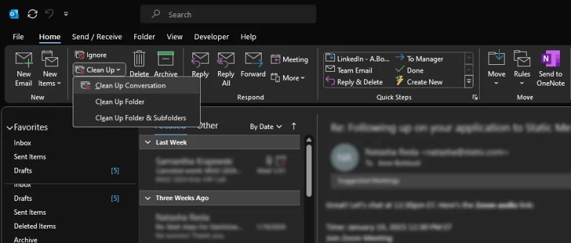 Using the clean up conversation tool in Outlook desktop