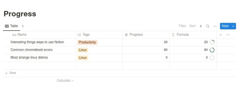 managing task progress bars in a database in notion
