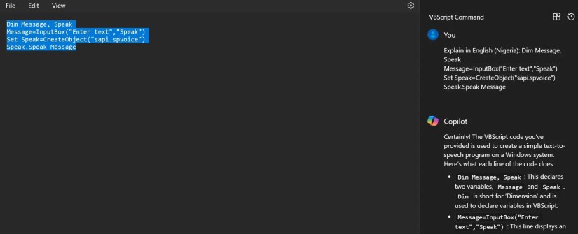 Microsoft Copilot explaining a VBScript code highlighted in Windows Notepad