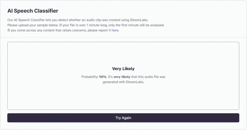 Screenshot of ElevenLabs AI speech classifier showing AI result