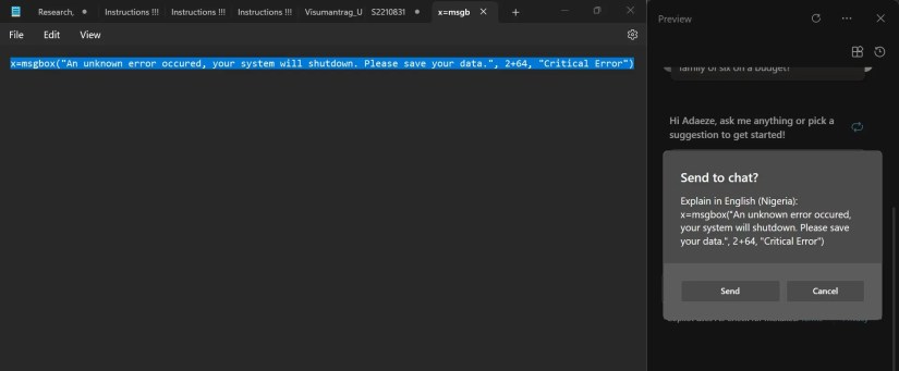 The Send to chat displayed in Microsoft Copilot next to Windows Notepad