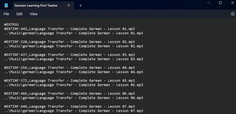 An M3U8 File containing local file paths displayed in windows Notepad