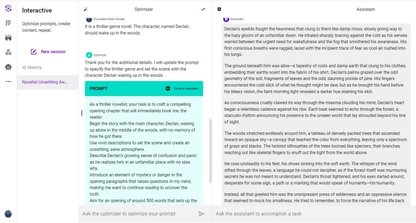 Testing a PromptPerfect-generated prompt with its AI Assistant