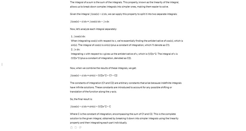 Solution of an integration question with its explanation generated by ChatGPT.