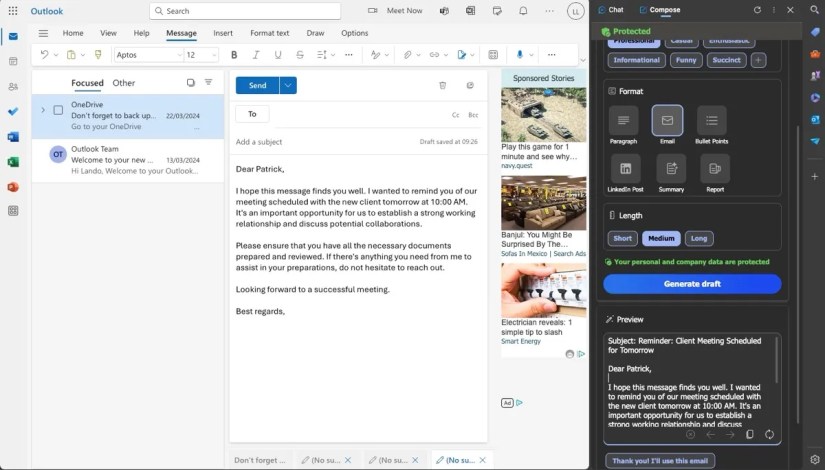 Copilot in Edge providing an email draft