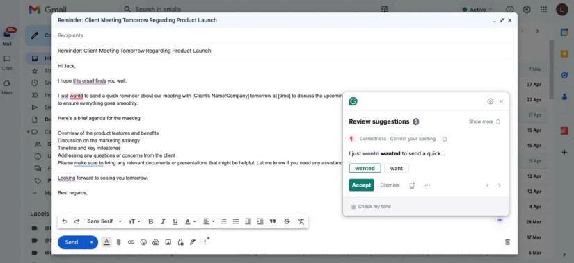 An email in Gmail showing GrammarlyGO’s editing feature