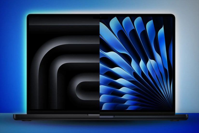 A Macbook Pro and Macbook Air screen split in half, indicating a comparison between the two models.