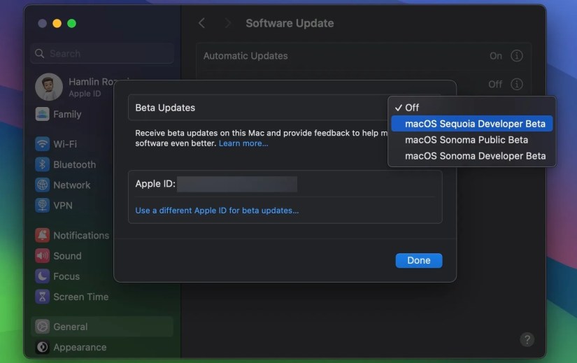 Beta Updates settings in macOS