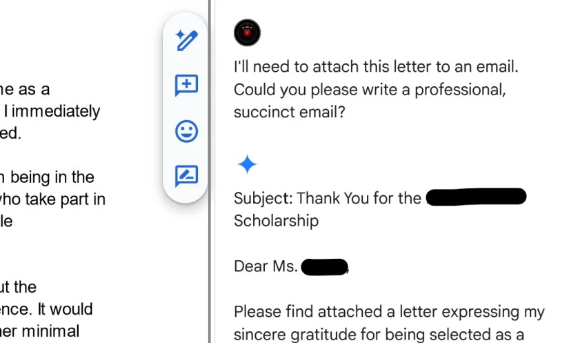 drafting an email based on the context of a document with google gemini