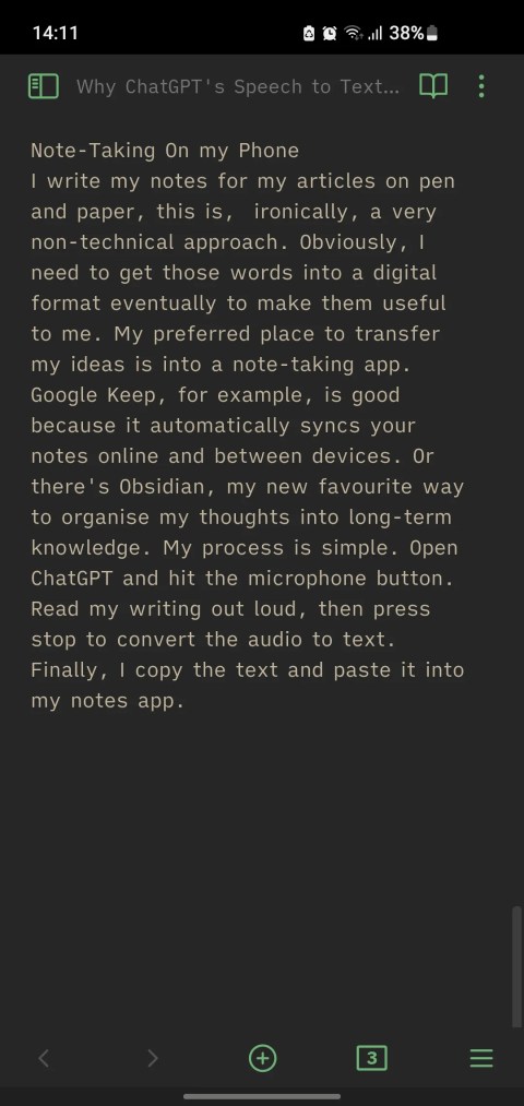 Obsidian note taking app with transcribed text from ChatGPT