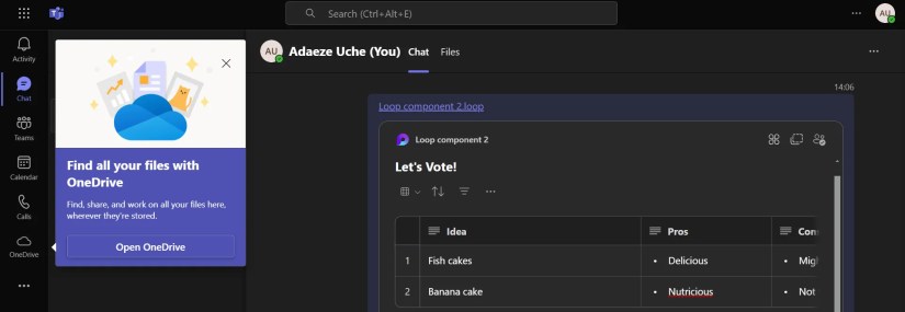 A Loop Component embedded in Teams Chat