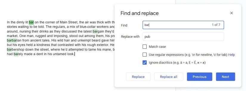 A sample text with the Find and Replace dialog in Google Docs